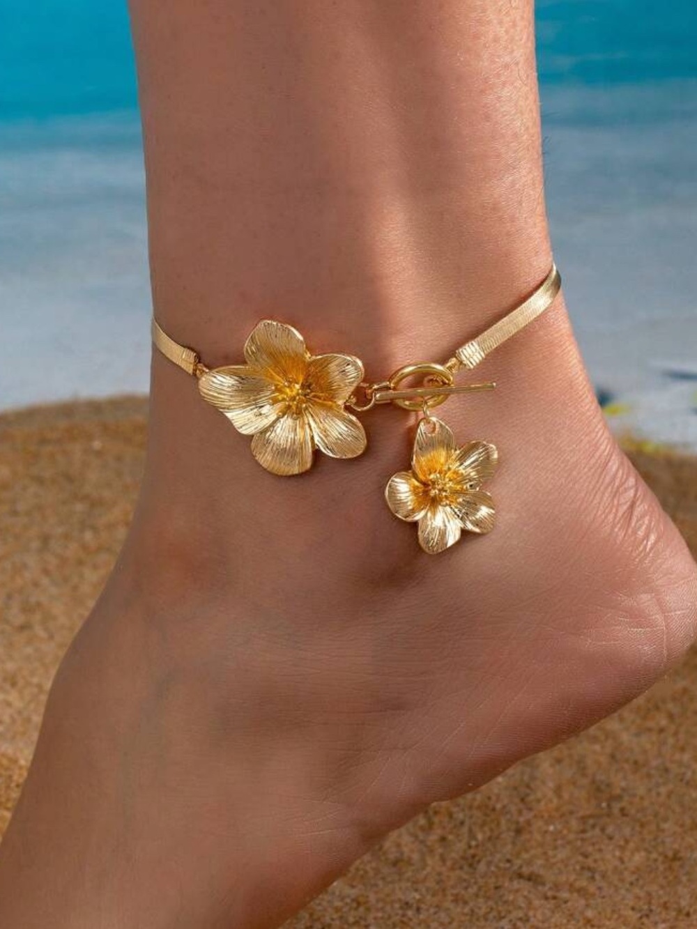 Gold Floral Anklet with Double Flower Charms‎